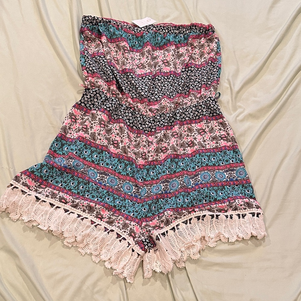 Style Rack Pink, Teal & Black Strapless Romper with Fringe Hem